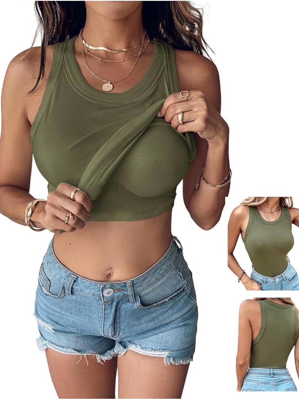 Chicme Ribbed Fitted Tank Top with Built in Shelf Bra Women’s Medium Green